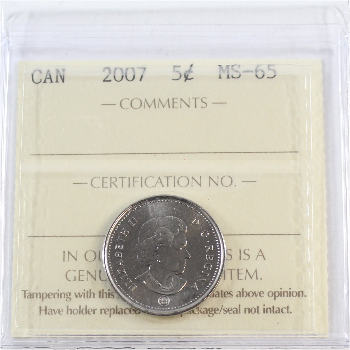 2007 Canada 5-cents ICCS Certified MS65