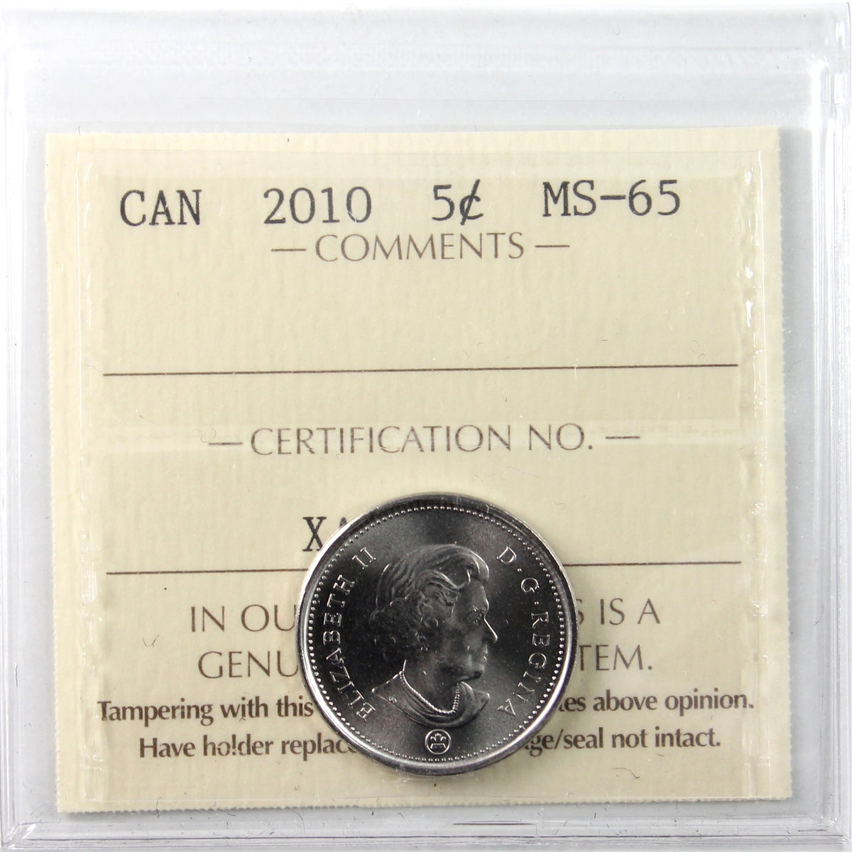 2010 Canada 5-cents ICCS Certified MS65