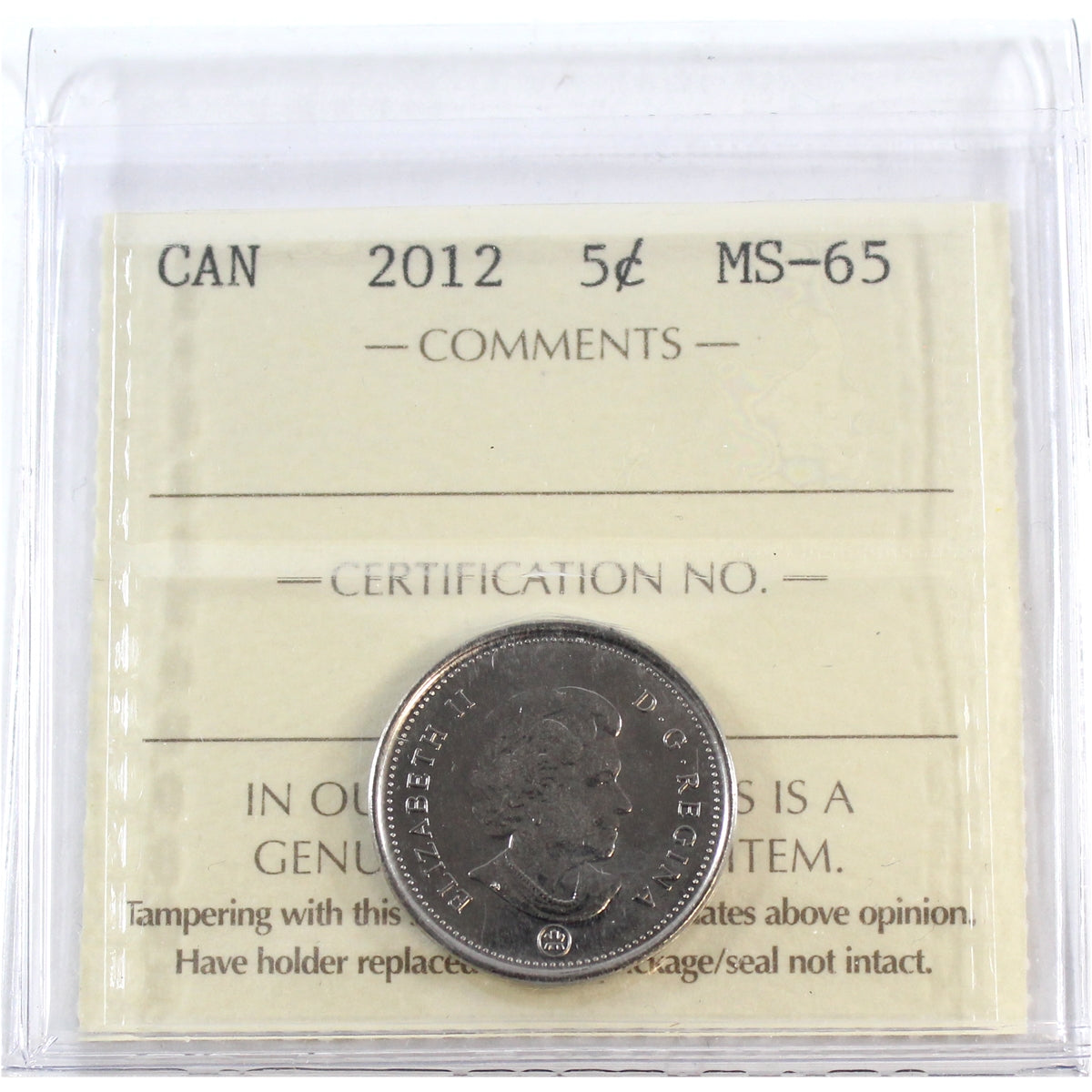 2012 Canada 5-cents ICCS Certified MS65