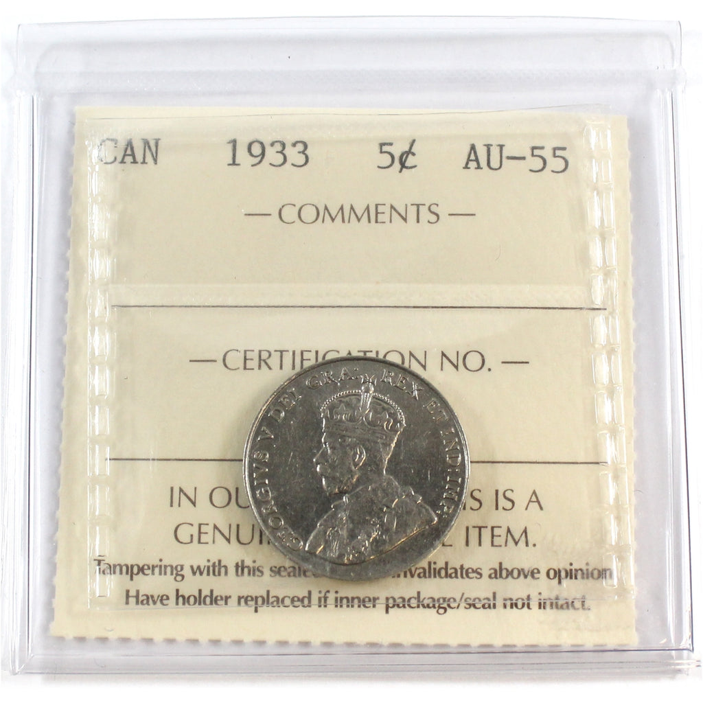 1933 Canada 5-cents ICCS Certified AU55