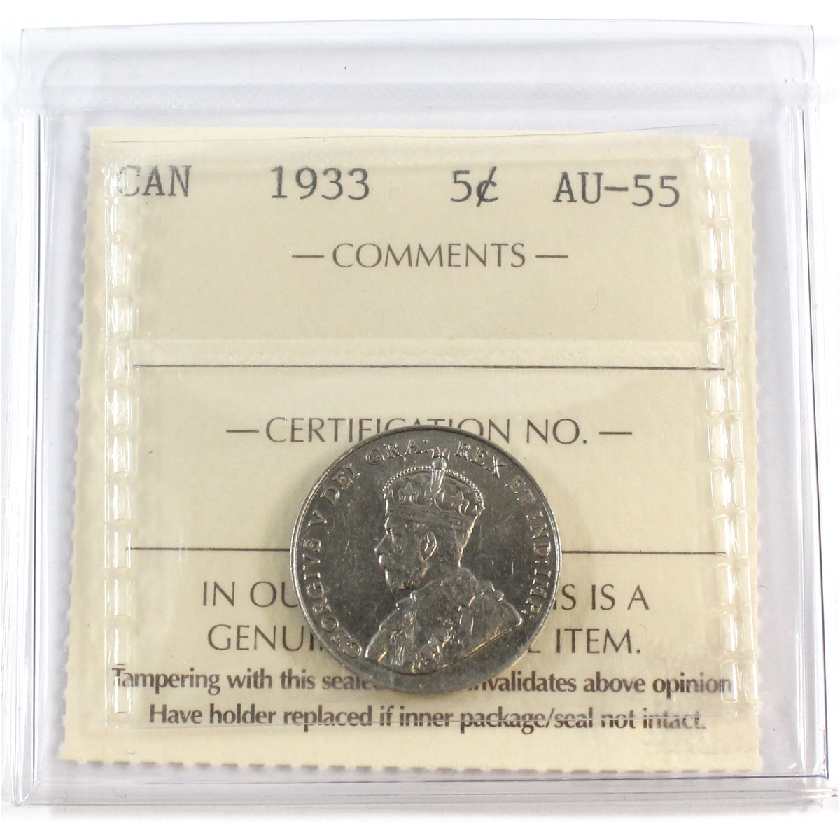 1933 Canada 5-cents ICCS Certified AU55
