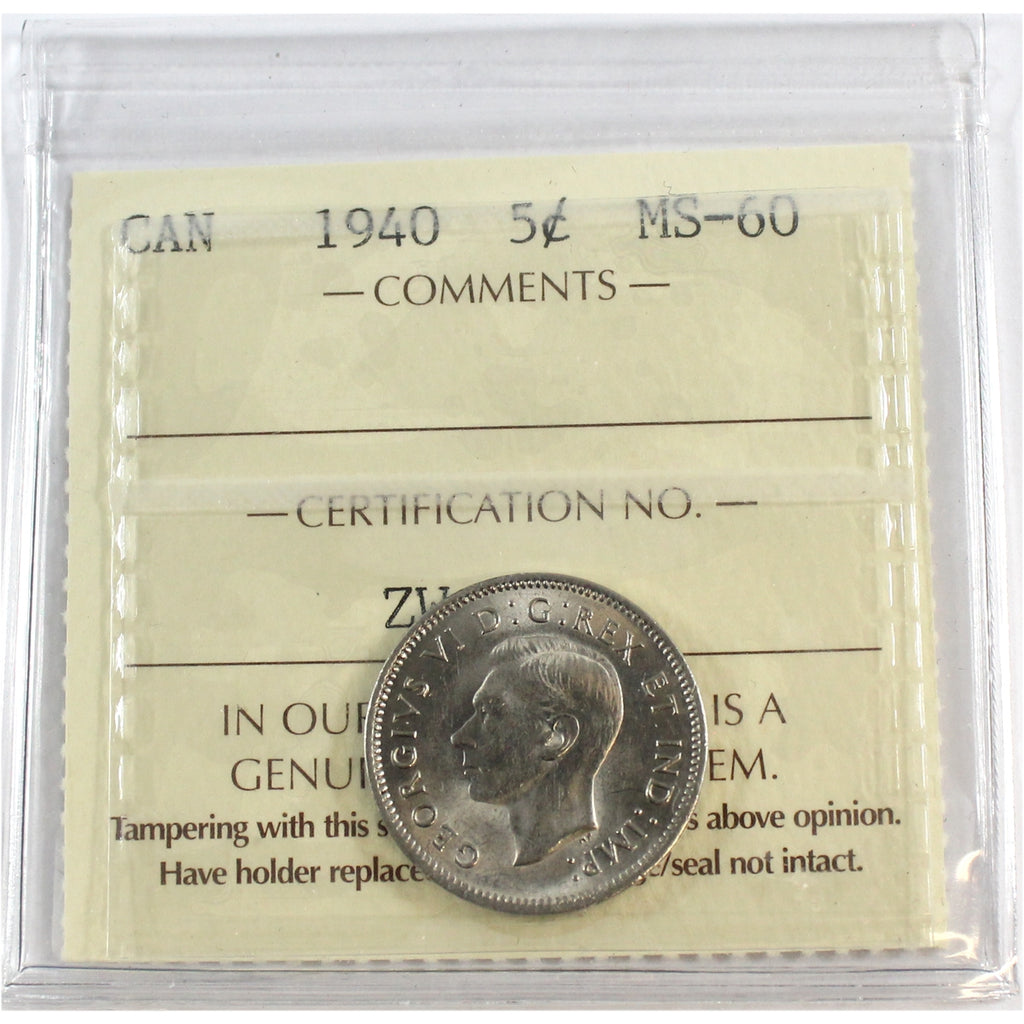 1940 Canada 5-cents ICCS Certified MS60