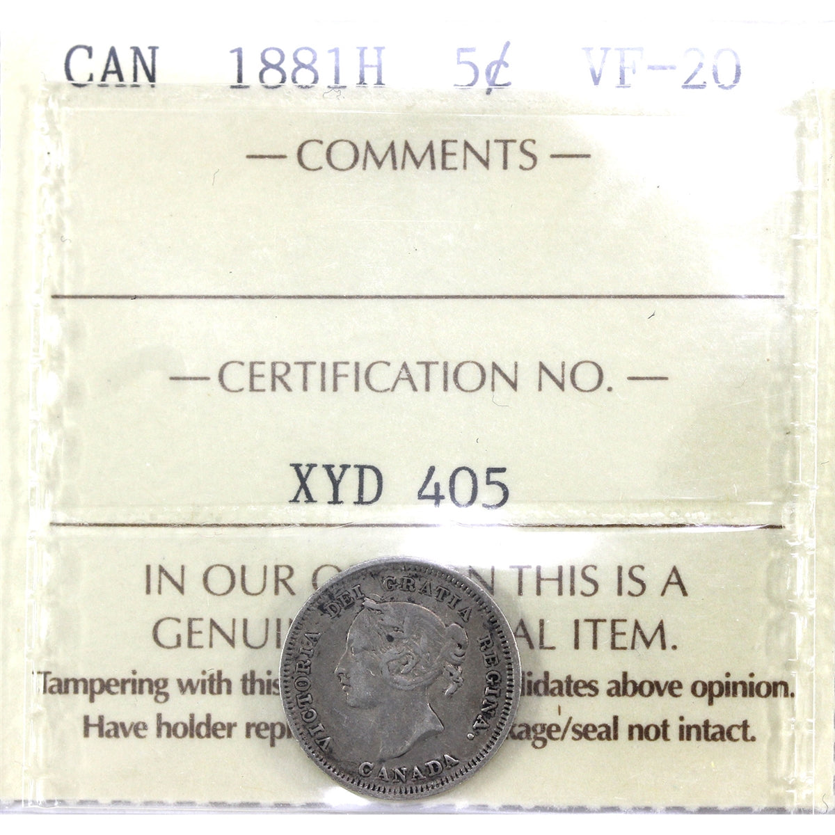 1881H Canada 5-cents ICCS Certified VF20