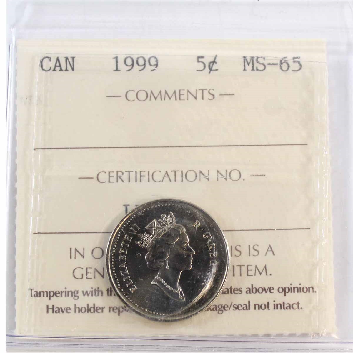 1999 Canada 5-cents ICCS Certified MS65