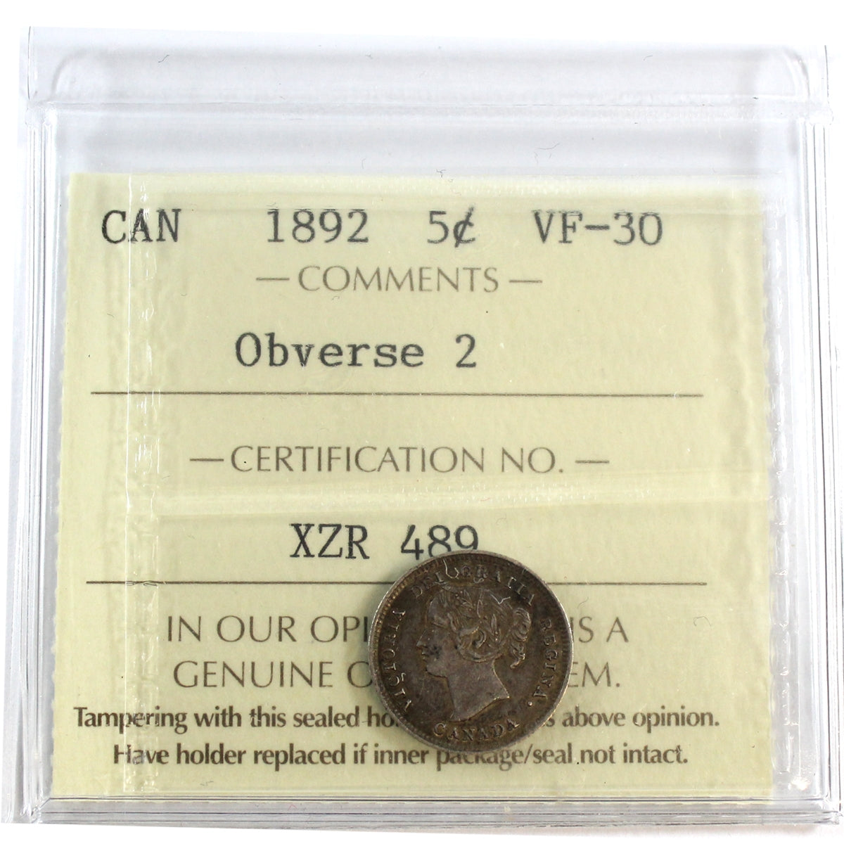 1892 Obv. 2 Canada 5-cents ICCS Certified VF30