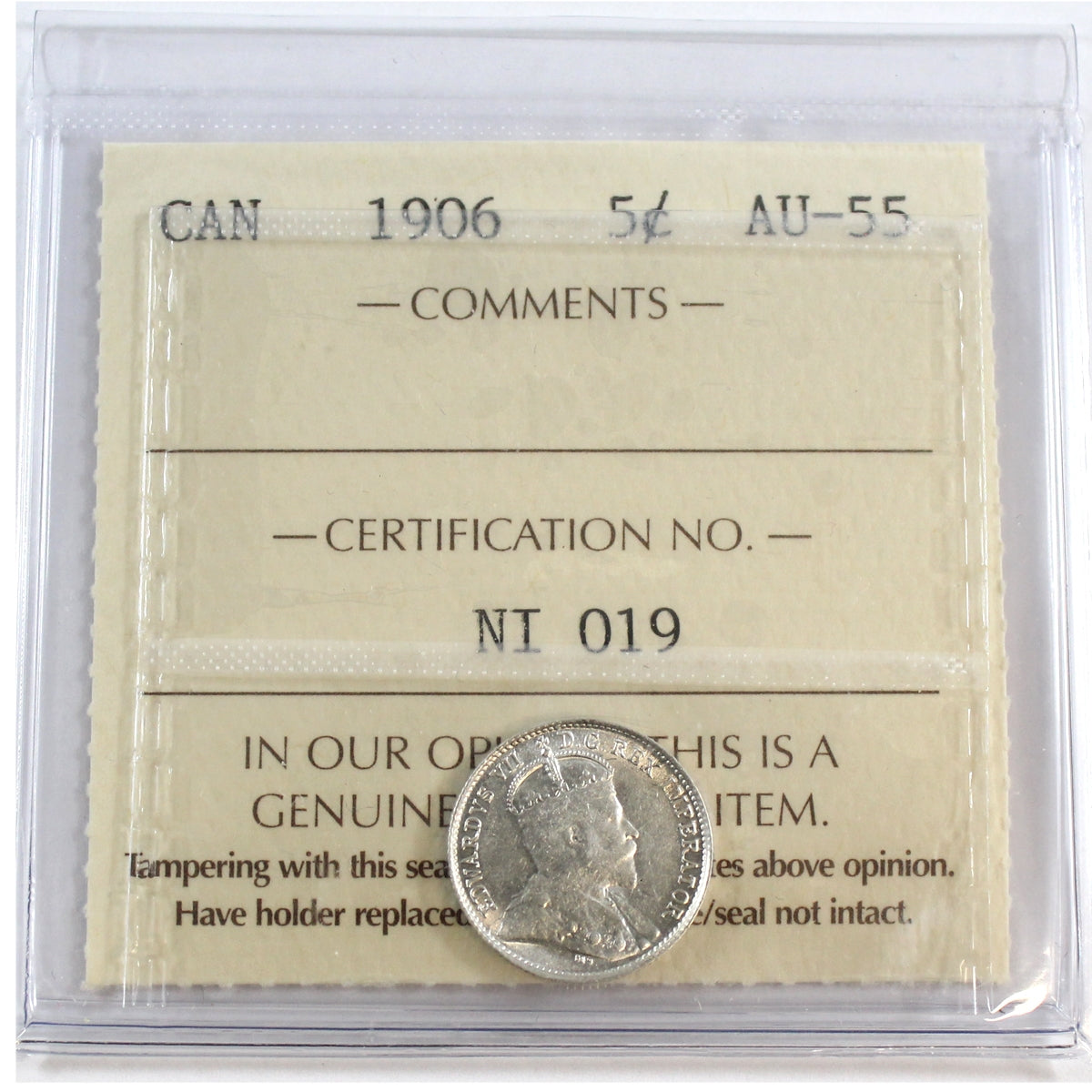 1906 Canada 5-cents ICCS Certified AU55