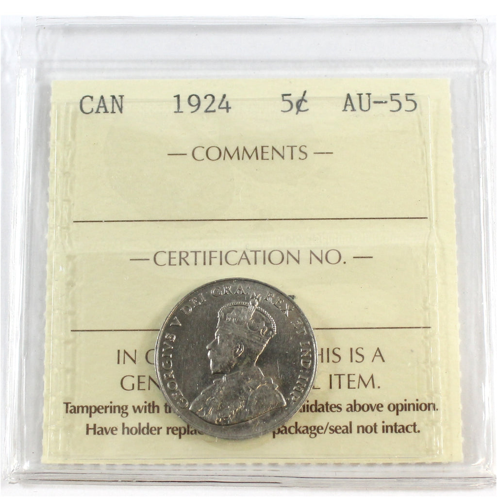 1924 Canada 5-cents ICCS Certified AU55