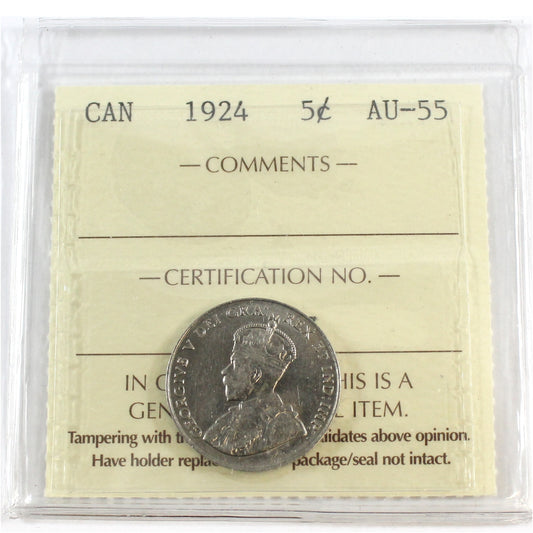 1924 Canada 5-cents ICCS Certified AU55