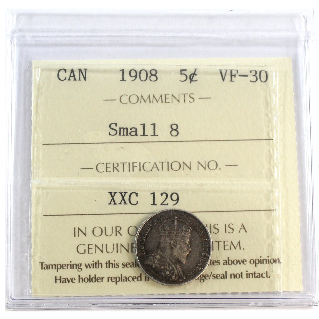 1908 Small 8 Canada 5-cents ICCS Certified VF30
