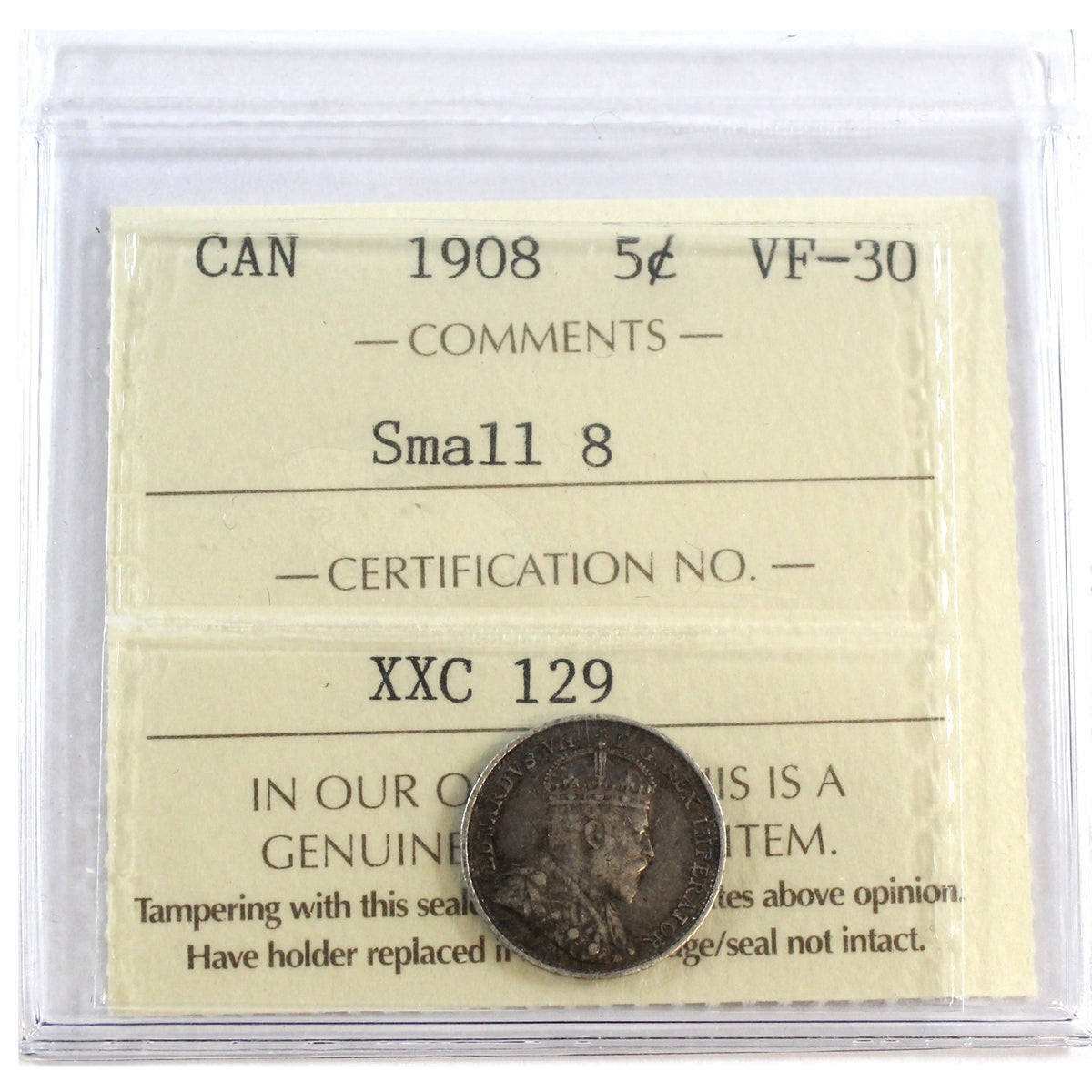 1908 Small 8 Canada 5-cents ICCS Certified VF30