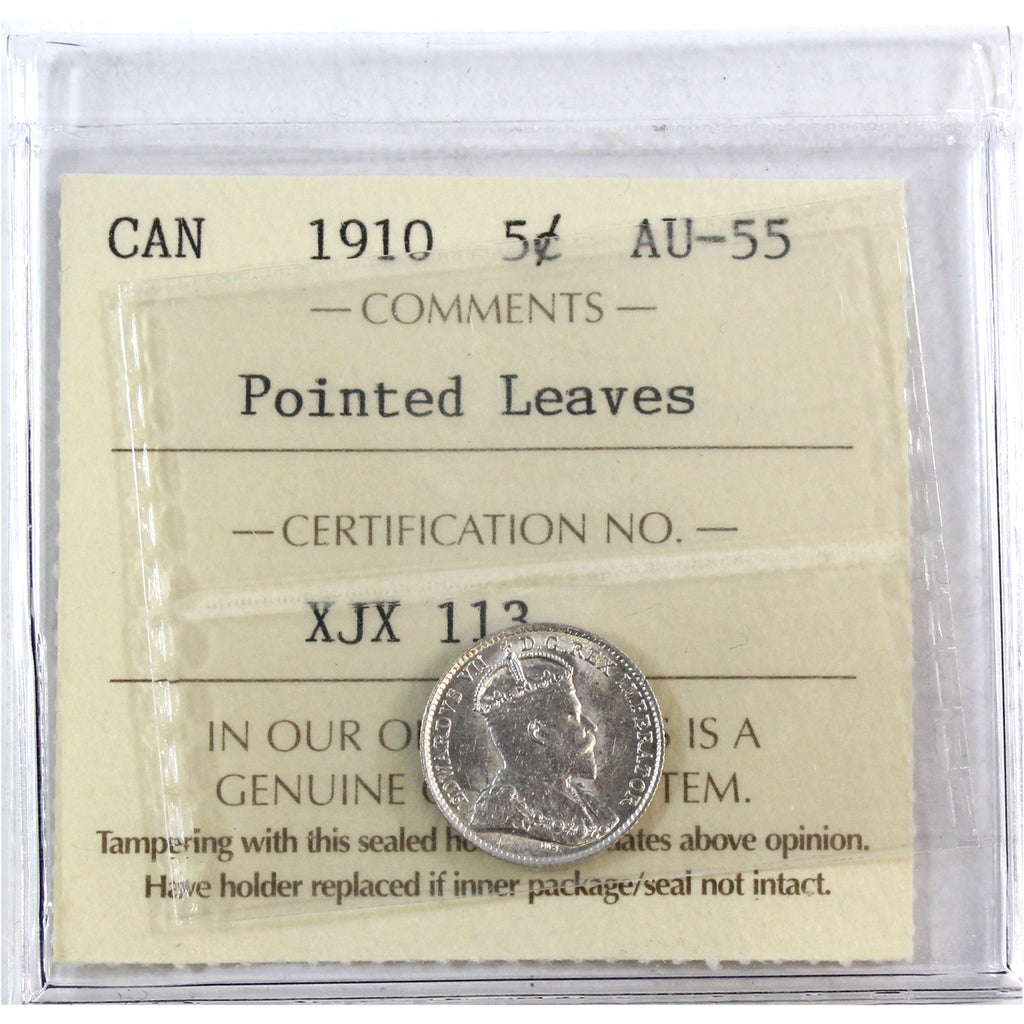 1910 Pointed Leaves Canada 5-cents ICCS Certified AU55