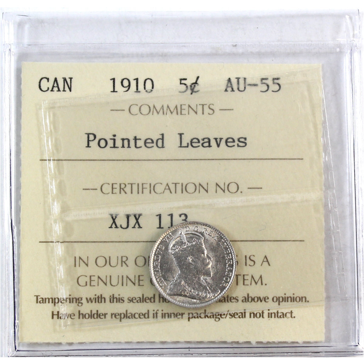 1910 Pointed Leaves Canada 5-cents ICCS Certified AU55