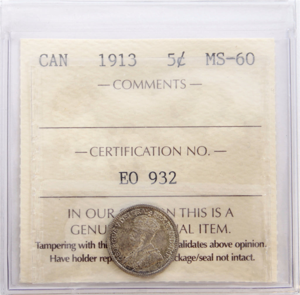 1913 Canada 5-cents ICCS Certified MS60