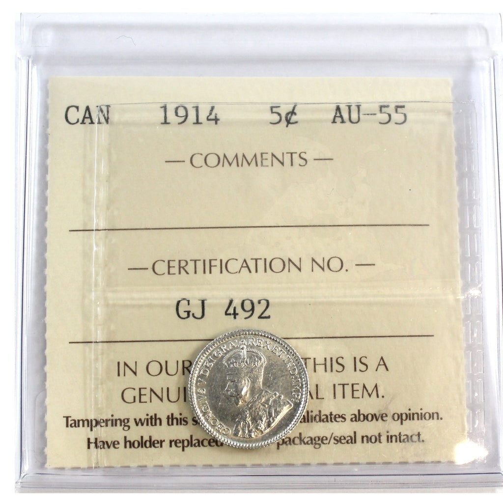 1914 Canada 5-cents ICCS Certified AU55