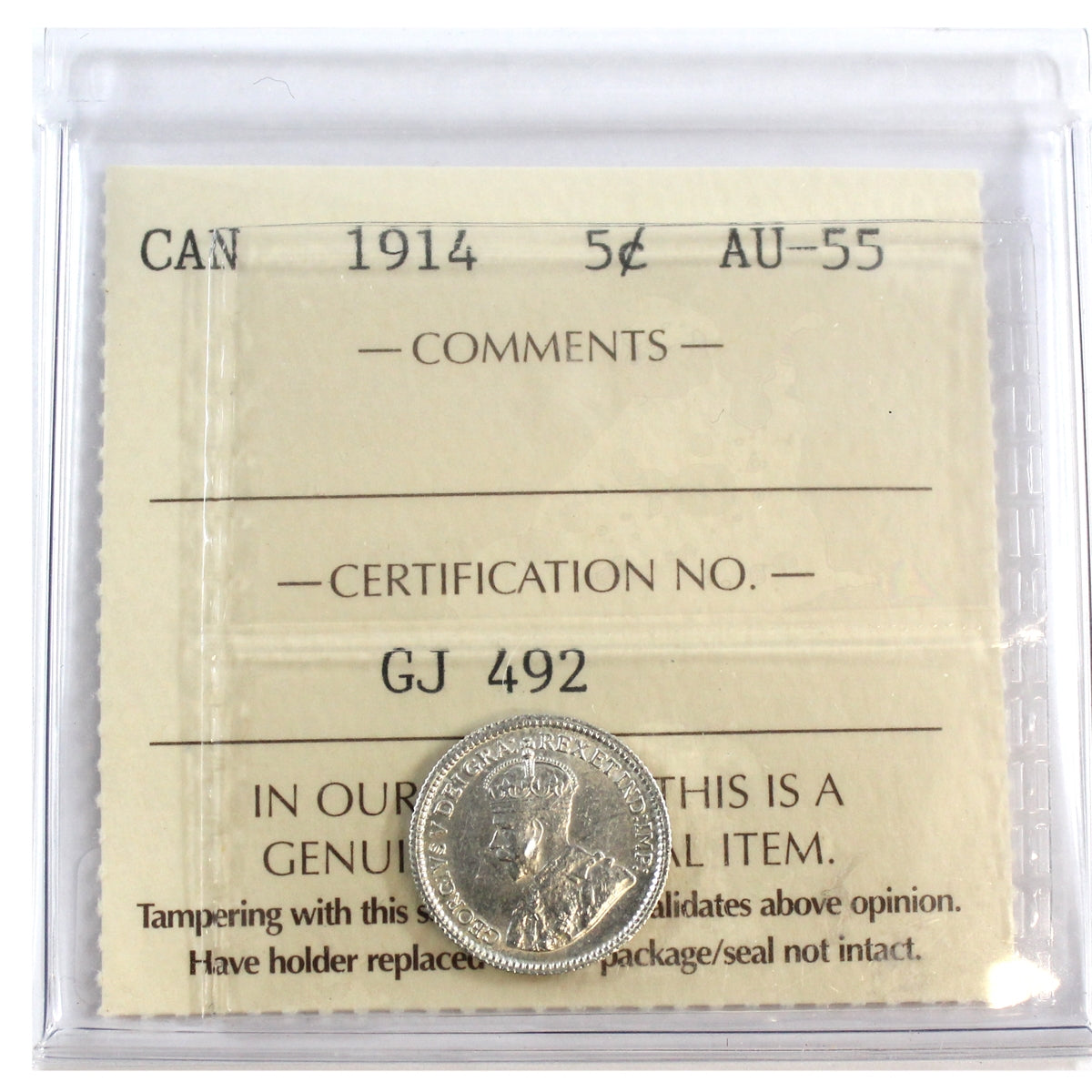 1914 Canada 5-cents ICCS Certified AU55