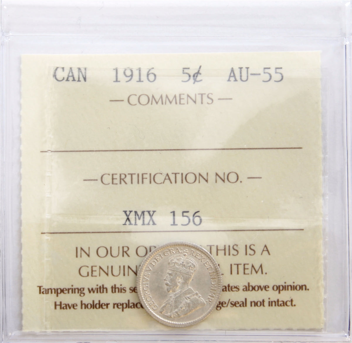 1916 Canada 5-cents ICCS Certified AU55