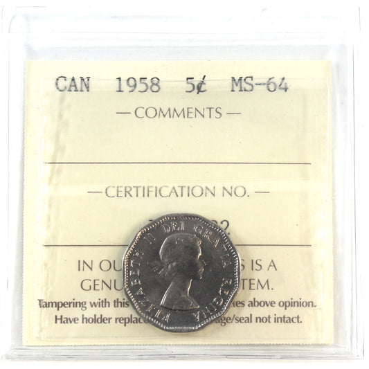1958 Canada 5-cents ICCS Certified MS64