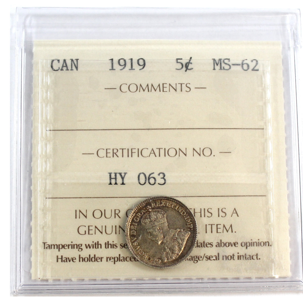 1919 Canada 5-cents ICCS Certified MS62
