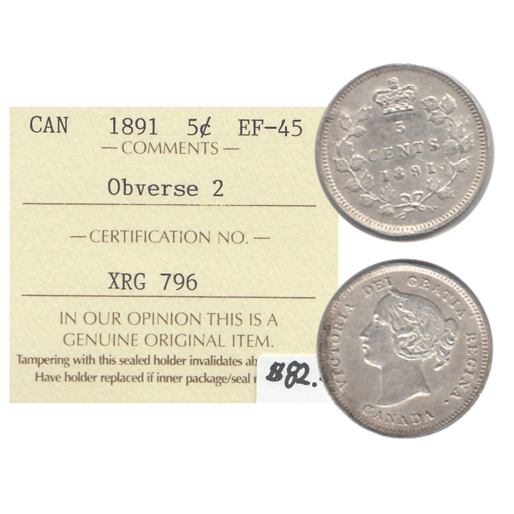 1891 Obv. 2 Canada 5-cents ICCS Certified EF45