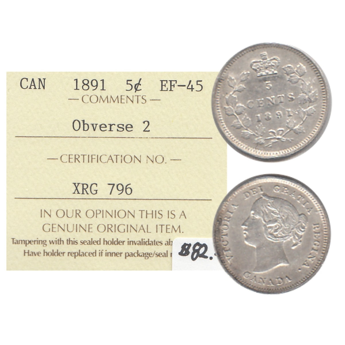 1891 Obv. 2 Canada 5-cents ICCS Certified EF45