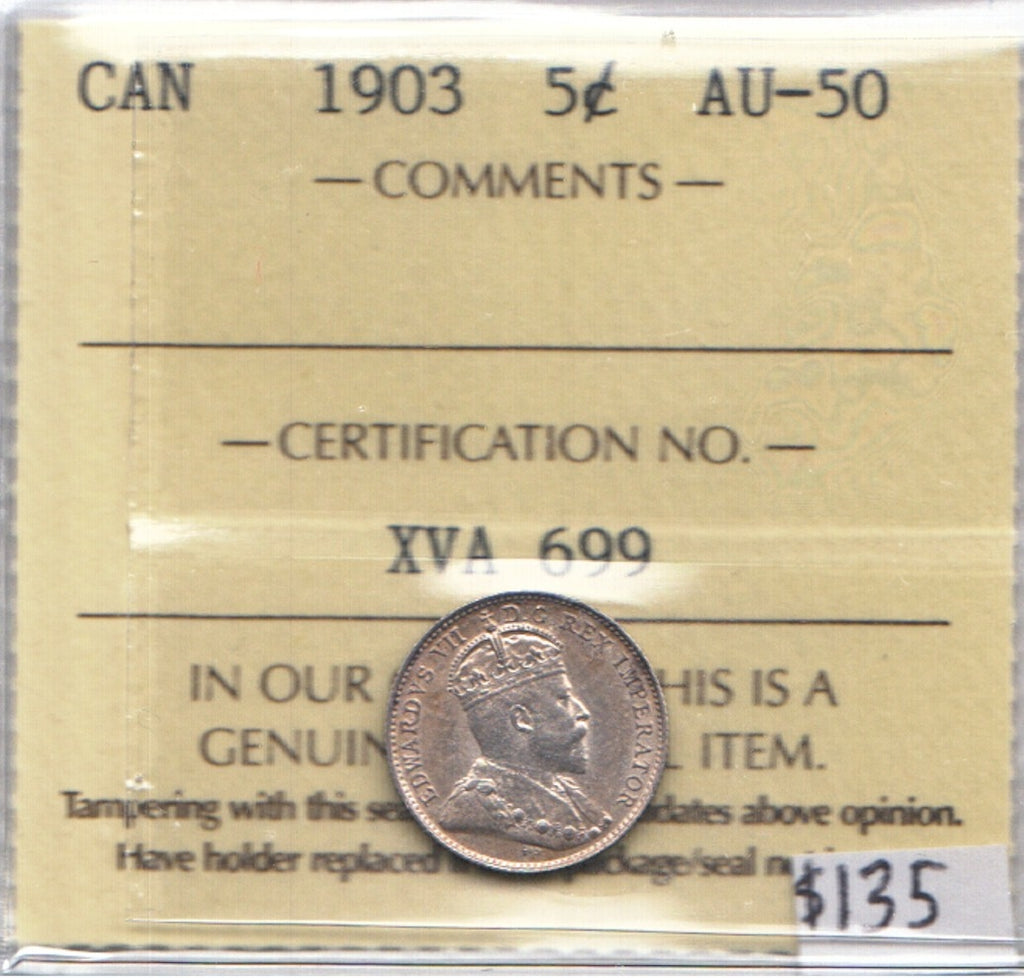 1903 Canada 5-cents ICCS Certified AU50