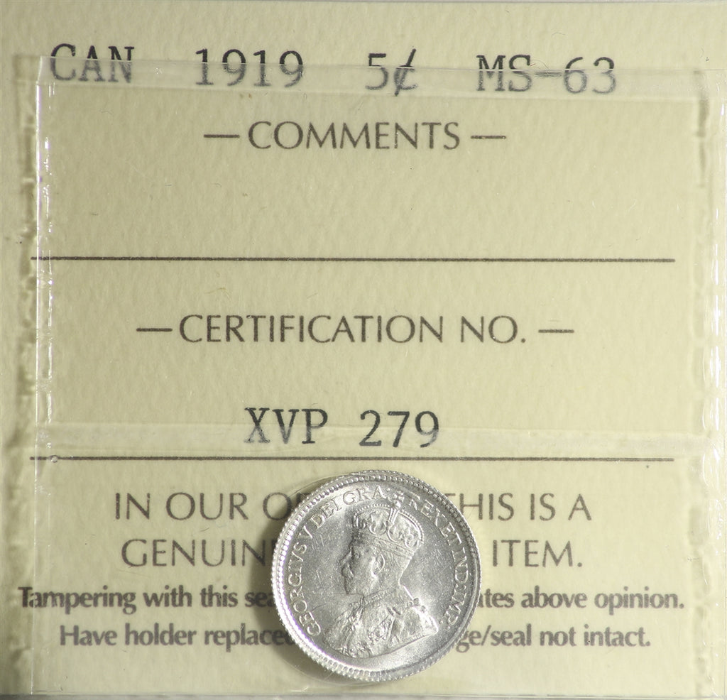 1919 Canada 5-cents ICCS Certified MS63