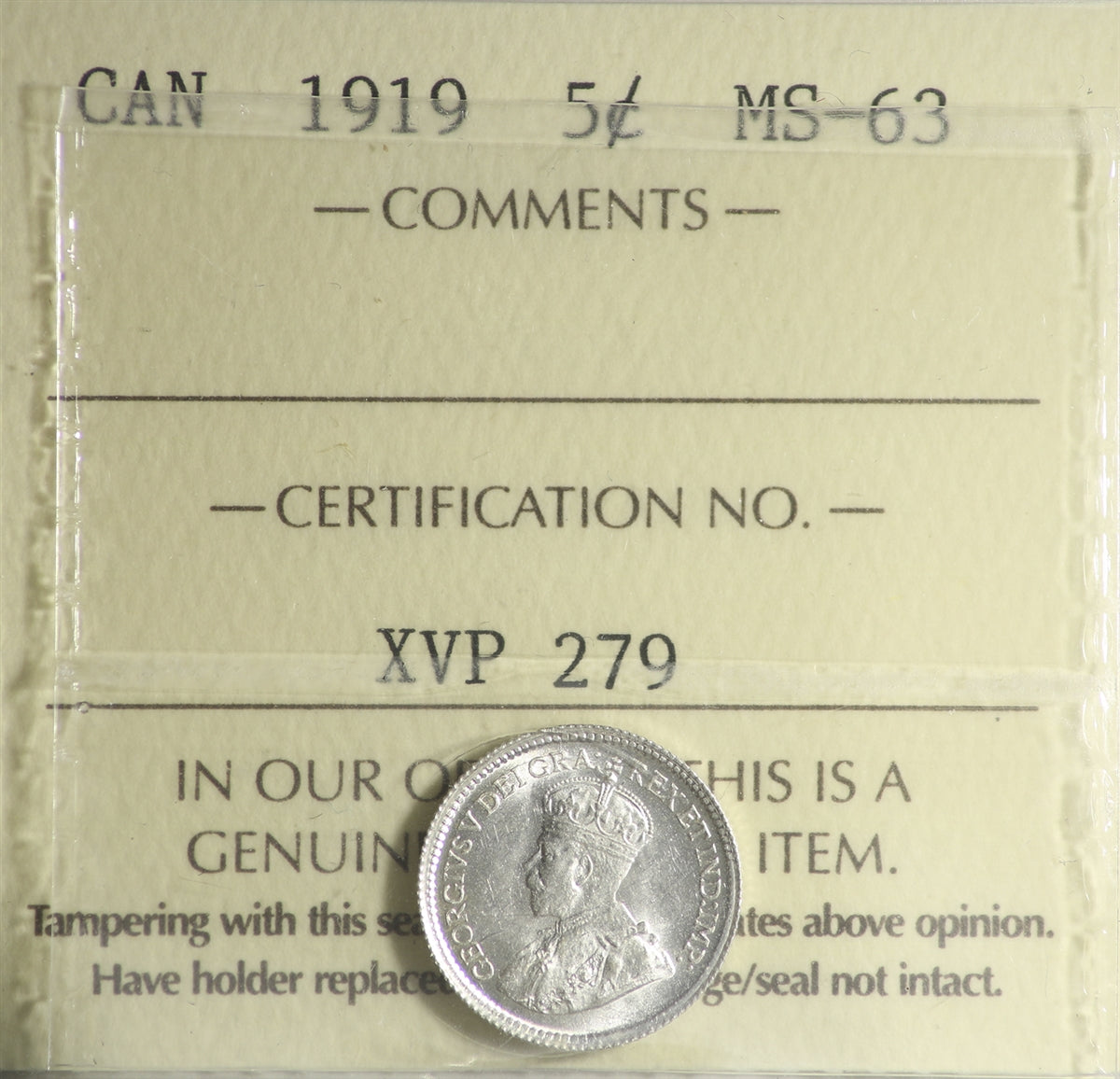 1919 Canada 5-cents ICCS Certified MS63