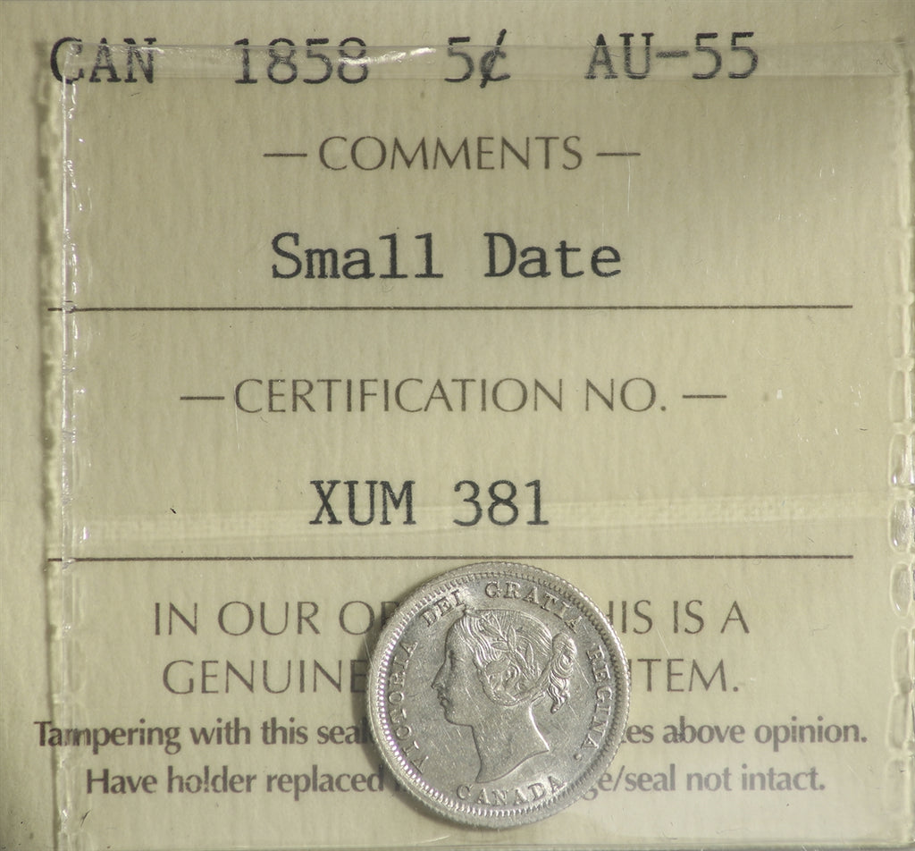 1858 Small Date Canada 5-cents ICCS Certified AU55
