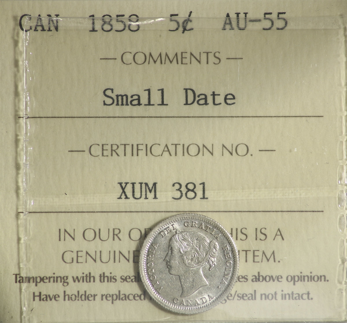 1858 Small Date Canada 5-cents ICCS Certified AU55