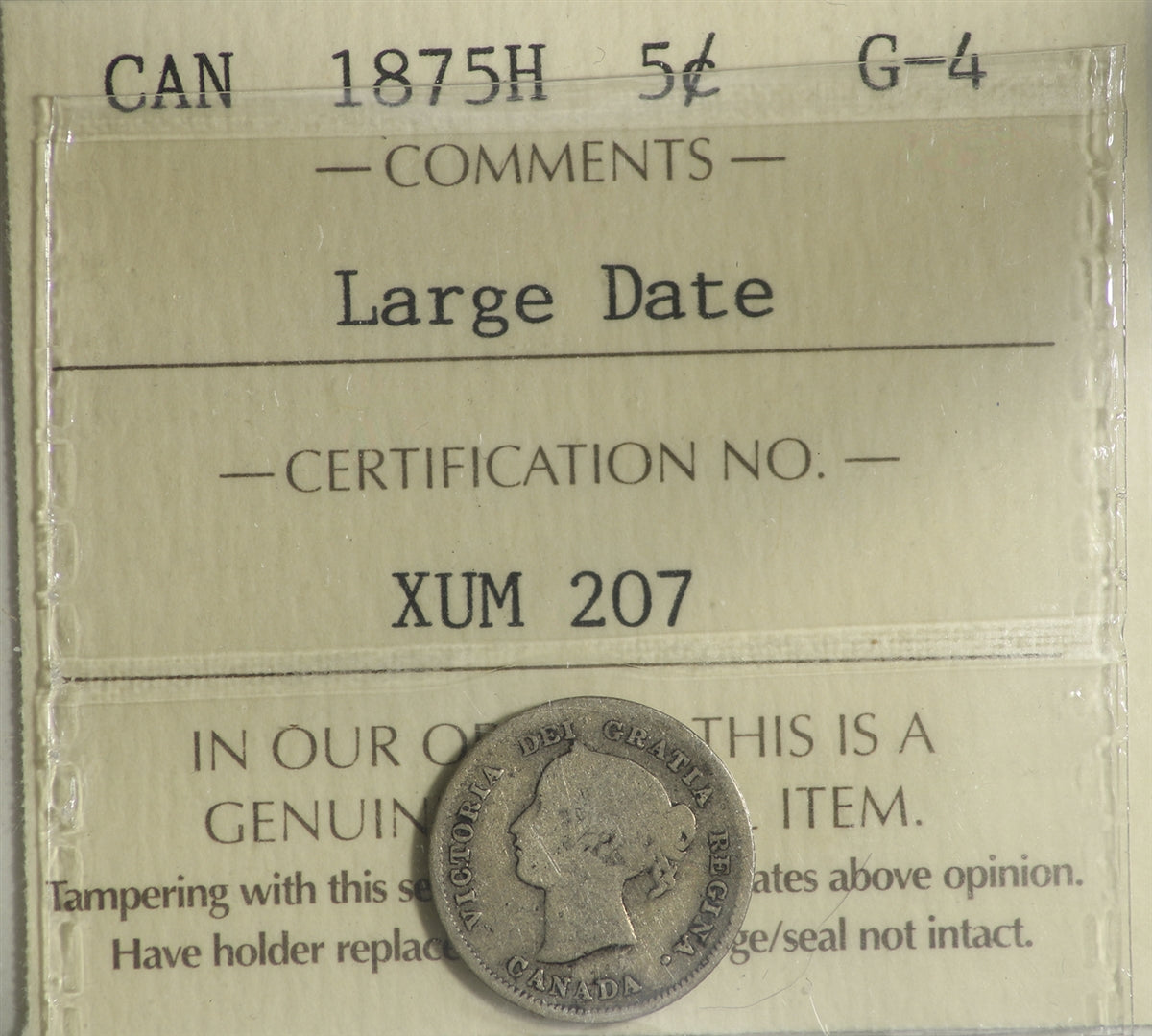 1875H Large Date Canada 5-cents ICCS Certified G4
