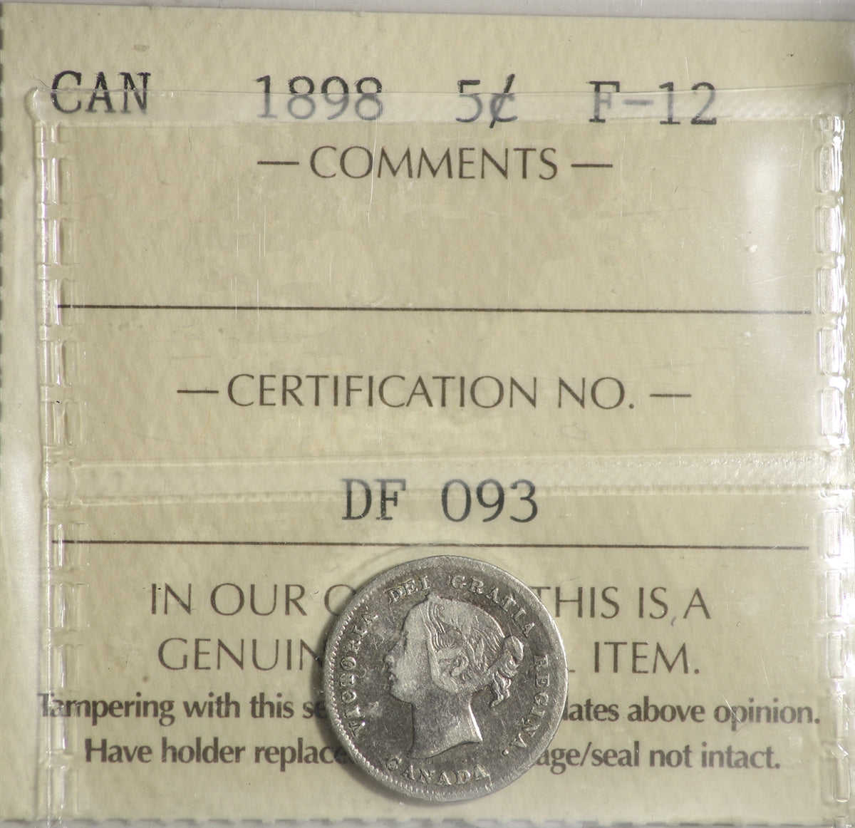 1898 Canada 5-cents ICCS Certified F12