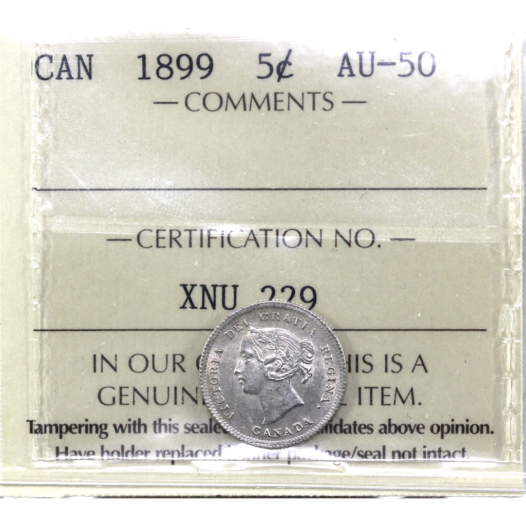1899 Canada 5-cents ICCS Certified AU50