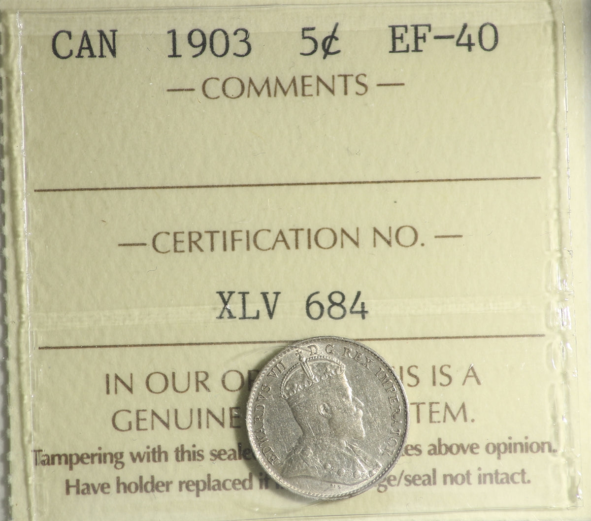 1903 Canada 5-cents ICCS Certified EF40
