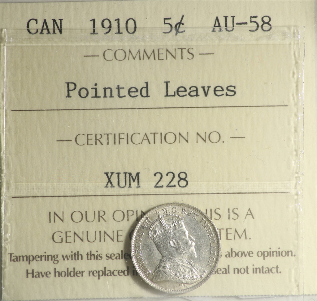 1910 Pointed Leaves Canada 5-cents ICCS Certified AU58