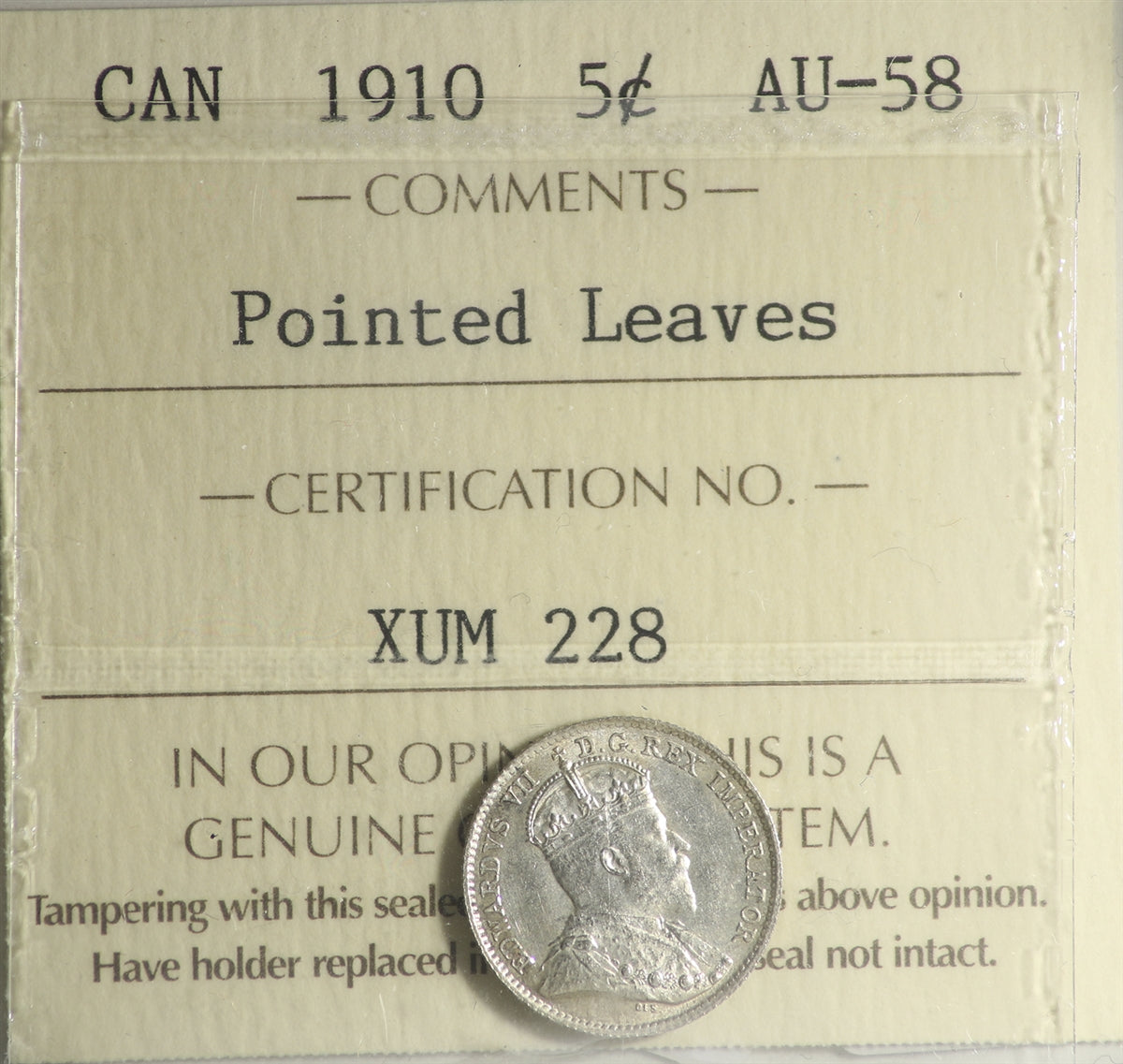 1910 Pointed Leaves Canada 5-cents ICCS Certified AU58