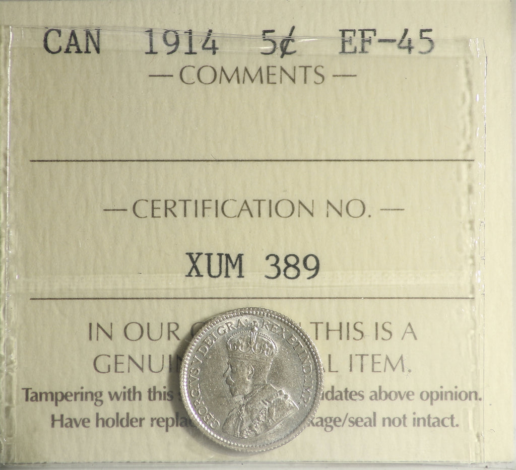 1914 Canada 5-cents ICCS Certified EF45