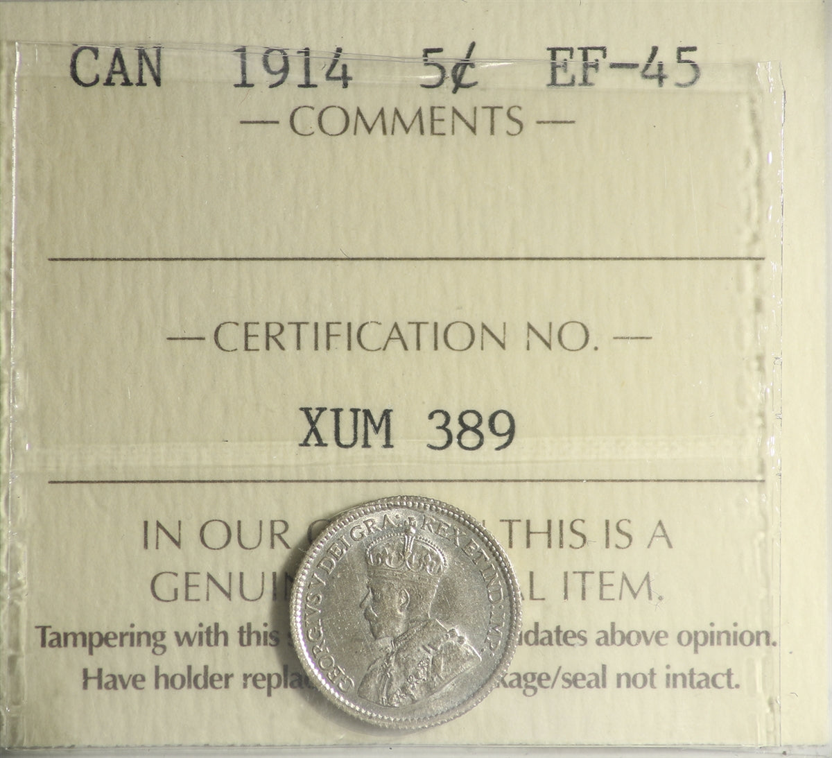 1914 Canada 5-cents ICCS Certified EF45