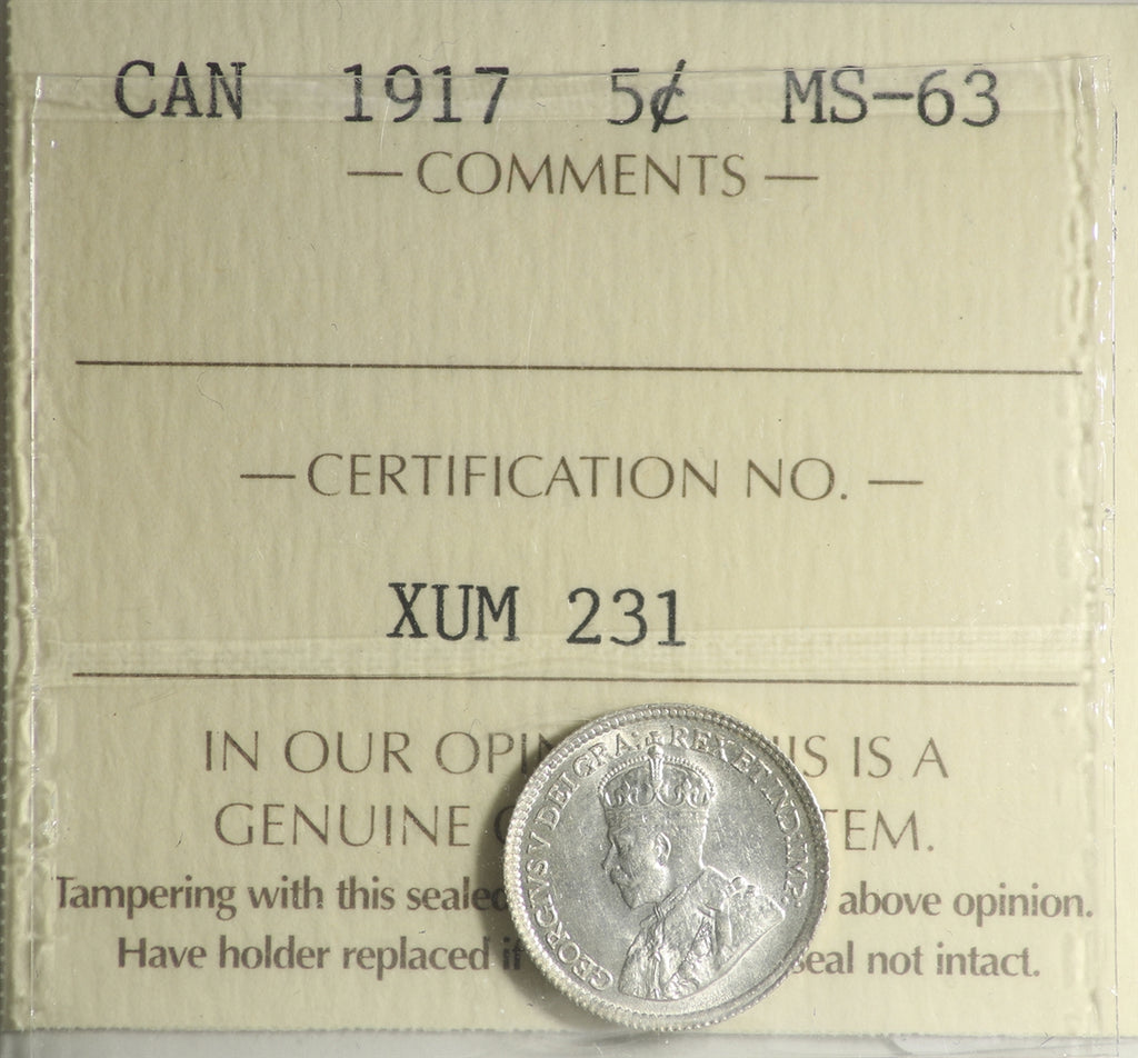 1917 Canada 5-cents ICCS Certified MS63