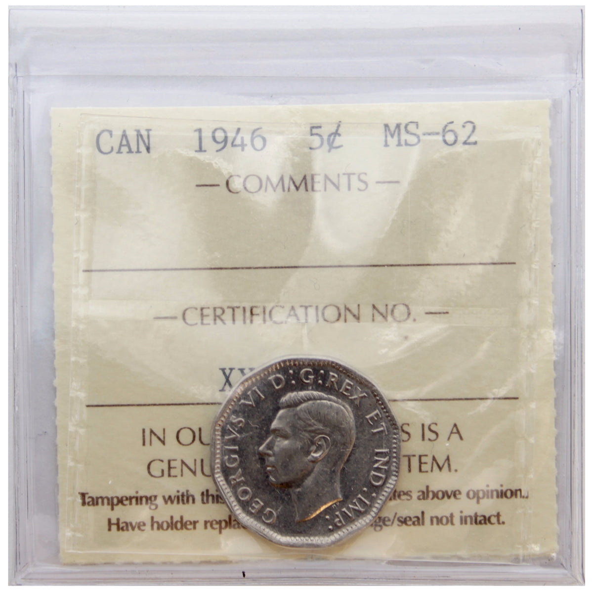 1946 Canada 5-cents ICCS Certified MS62