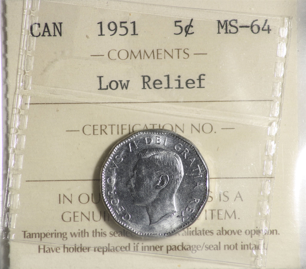 1951 Low Relief Canada 5-cents ICCS Certified MS64