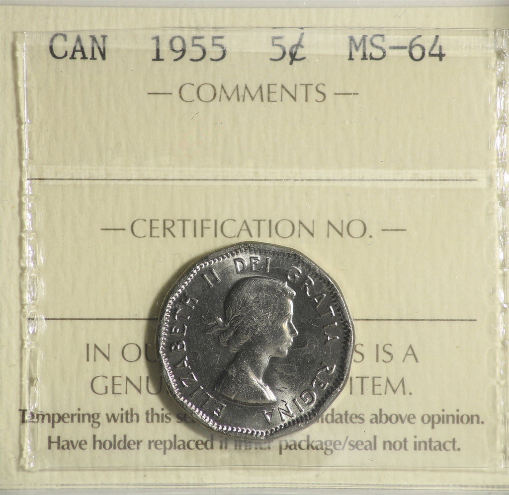 1955 Canada 5-cents ICCS Certified MS64