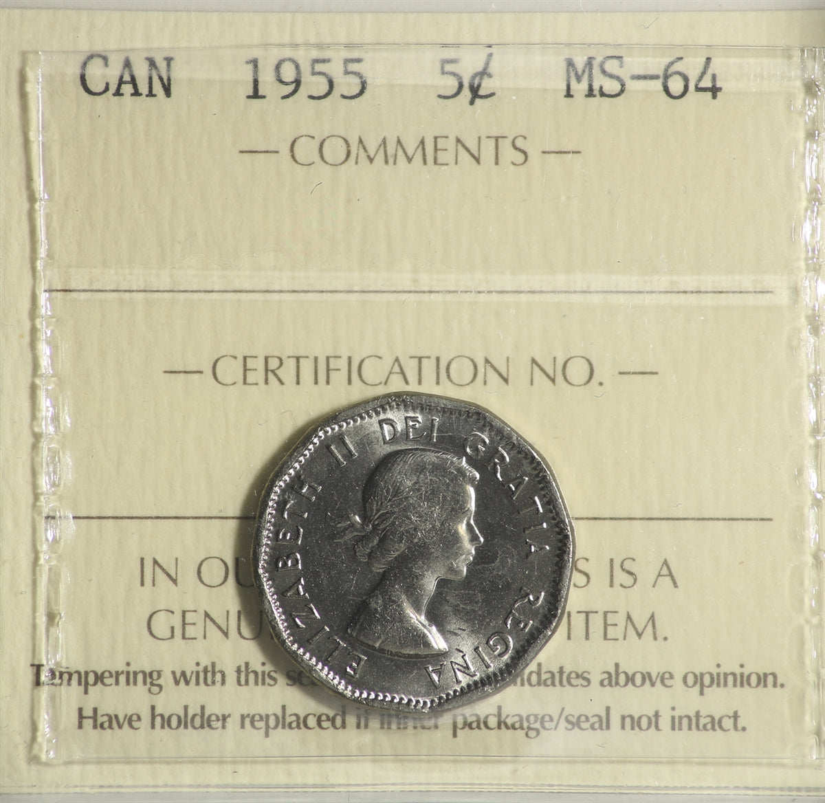 1955 Canada 5-cents ICCS Certified MS64