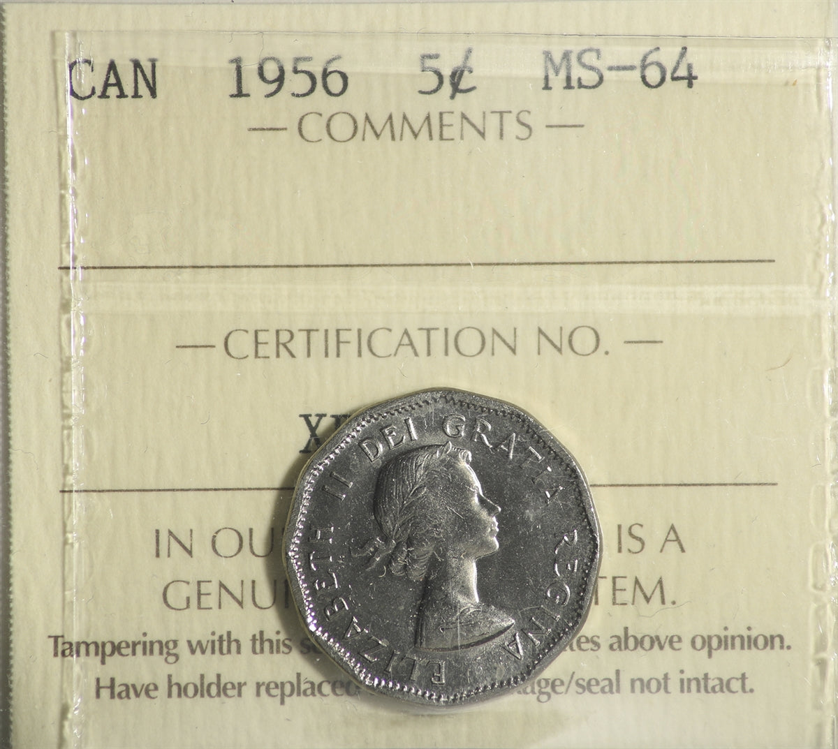 1956 Canada 5-cents ICCS Certified MS64