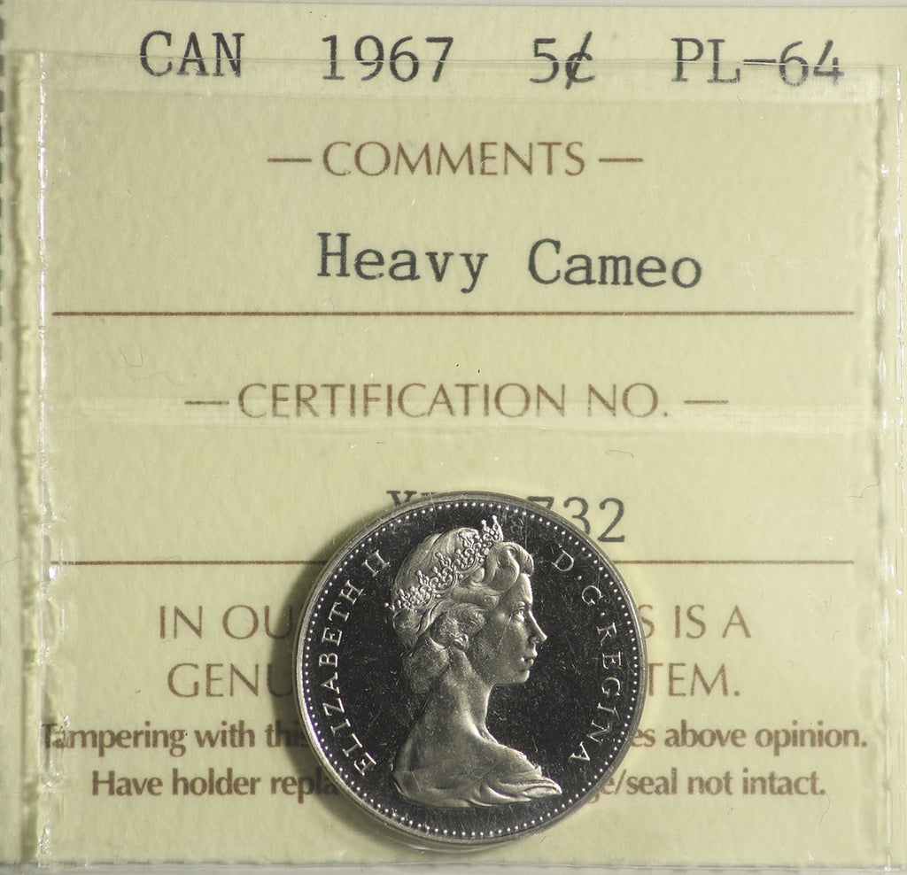 1967 Canada 5-cents ICCS Certified PL64 Heavy Cameo