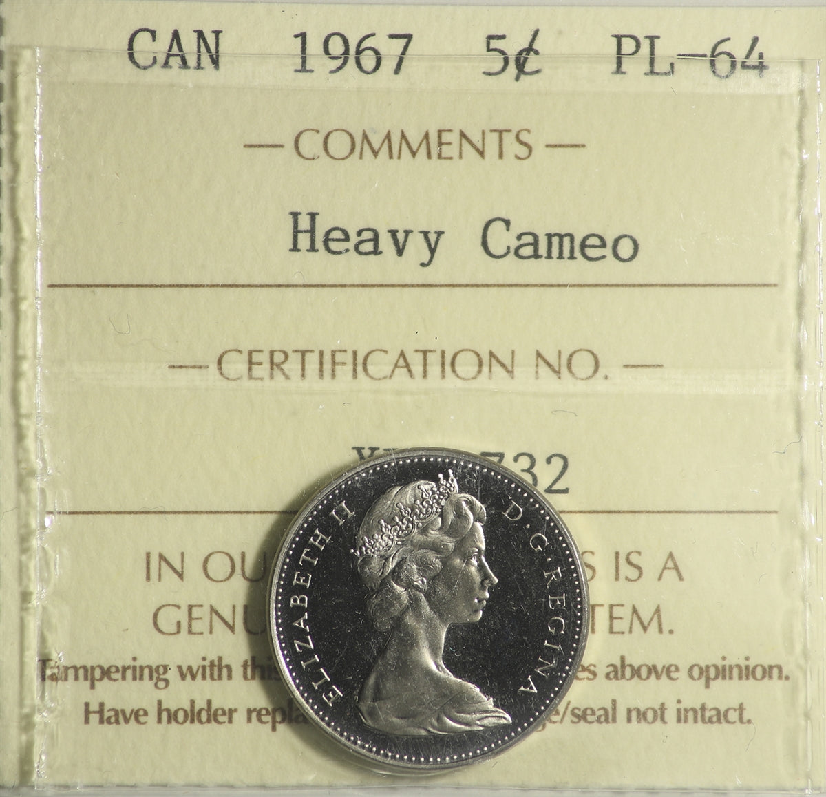 1967 Canada 5-cents ICCS Certified PL64 Heavy Cameo