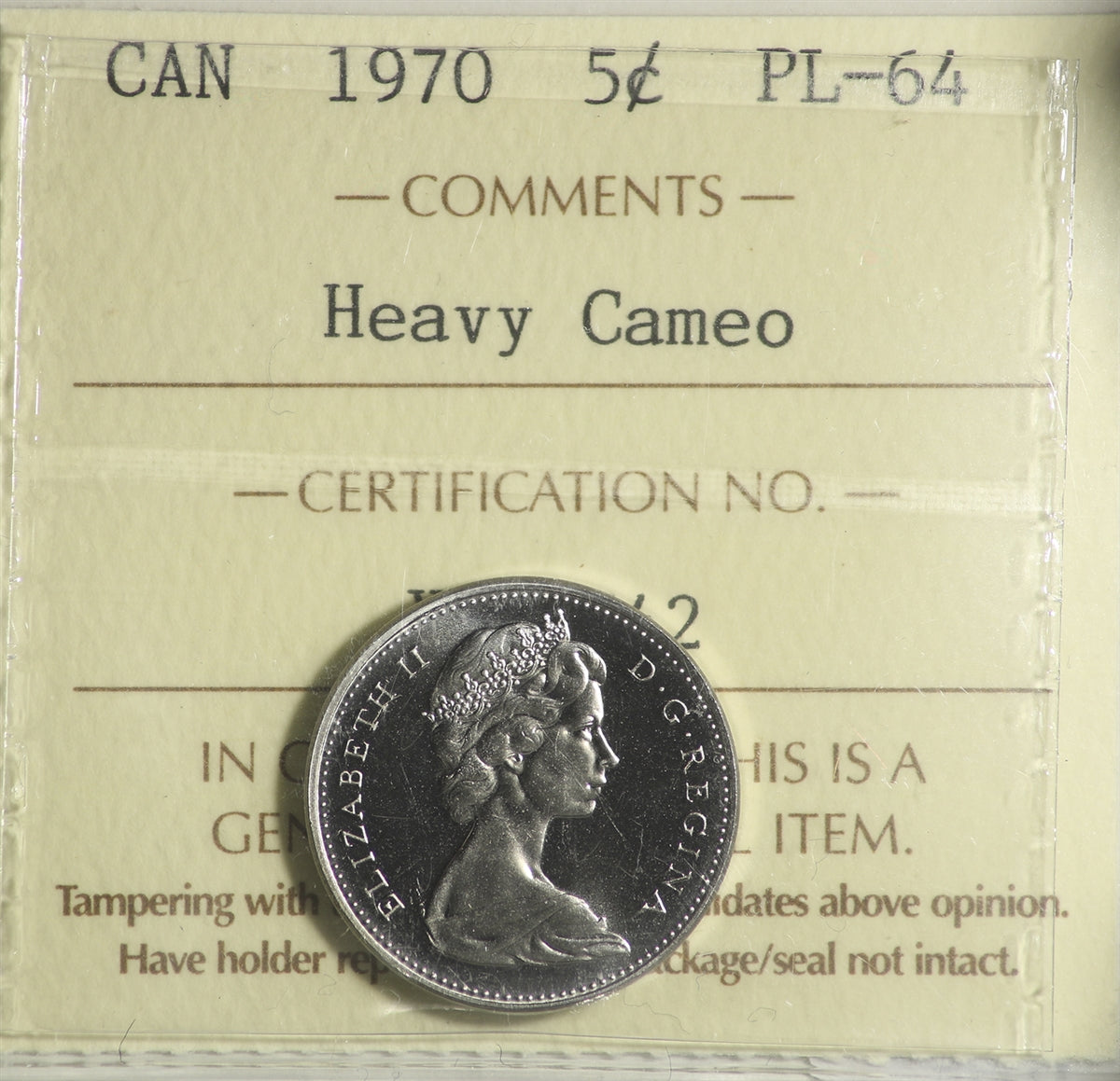 1970 Canada 5-cents ICCS Certified PL64 Heavy Cameo