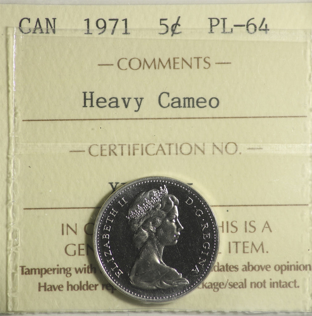 1971 Canada 5-cents ICCS Certified PL64 Heavy Cameo