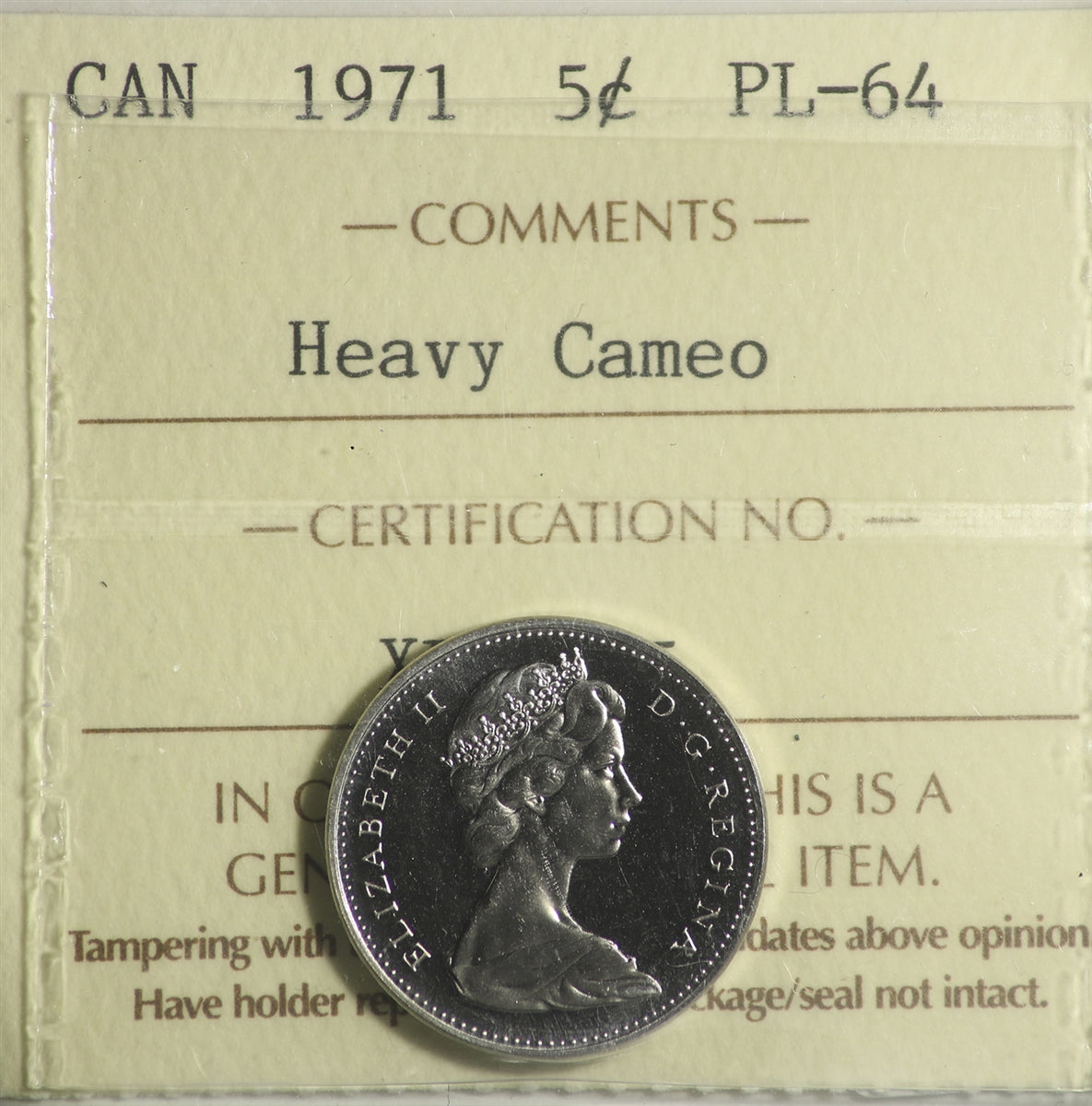 1971 Canada 5-cents ICCS Certified PL64 Heavy Cameo