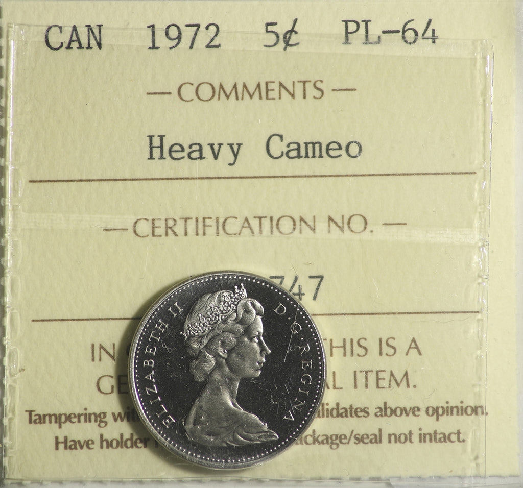 1972 Canada 5-cents ICCS Certified PL64 Heavy Cameo