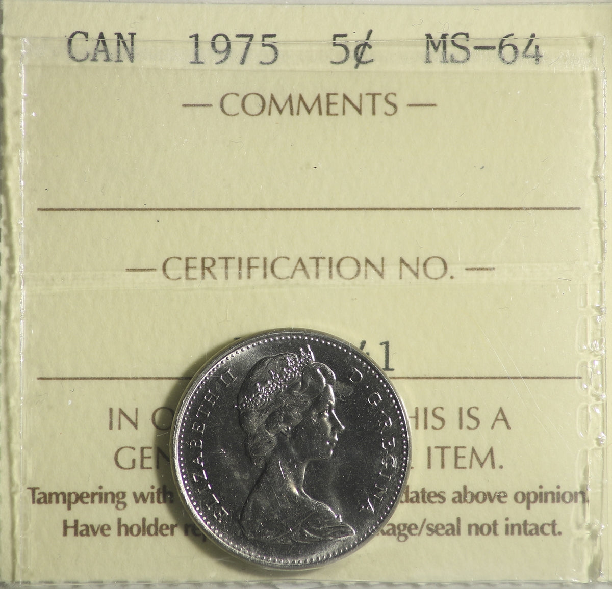 1975 Canada 5-cents ICCS Certified MS64